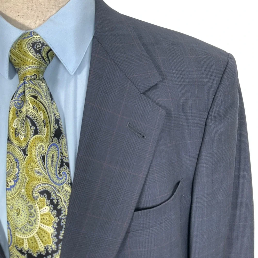 Hart Schaffner Marx Suit Men‎ 44XL Blue Pink Plaid 2 Button Classic Jacket VTG
